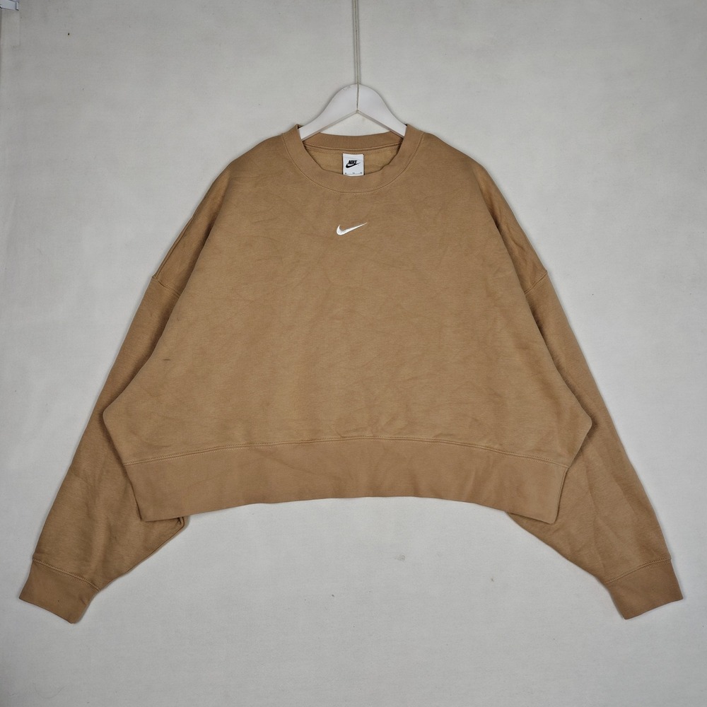 Nike Sportswear Essential Cropped Sweatshirt Tan Brown XL Swoosh Pullover